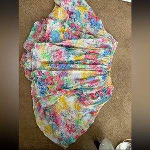 Anthropologie Angelika Tiered White Floral Maxi Skirt Pink Blue Large Drawstrong